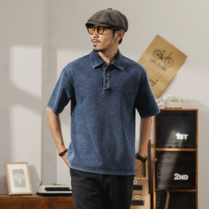 T-Shirt Retro da <span class=keywords><strong>Uomo</strong></span> <span class=keywords><strong>di</strong></span> Marca Americana, Pesante e Lavata, Stile <span class=keywords><strong>Polo</strong></span> con Maniche Corte e Maglia Larga - Product Image 1