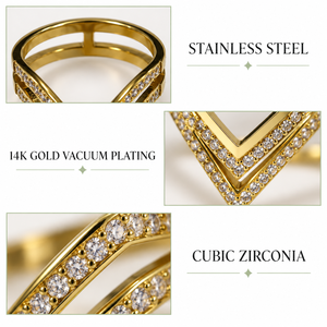 Gold and Silver Stainless Steel Cubic Zirconia Double Chevron <b>Ring</b> - Product Image 3