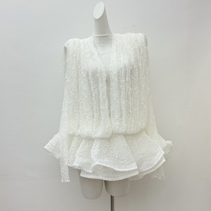 Abito Mini a Due Pezzi in Pizzo Bianco con Maniche Lunghe, Collo Alto, Traspirante, Elastico in Vita e Linea A - Product Image 2