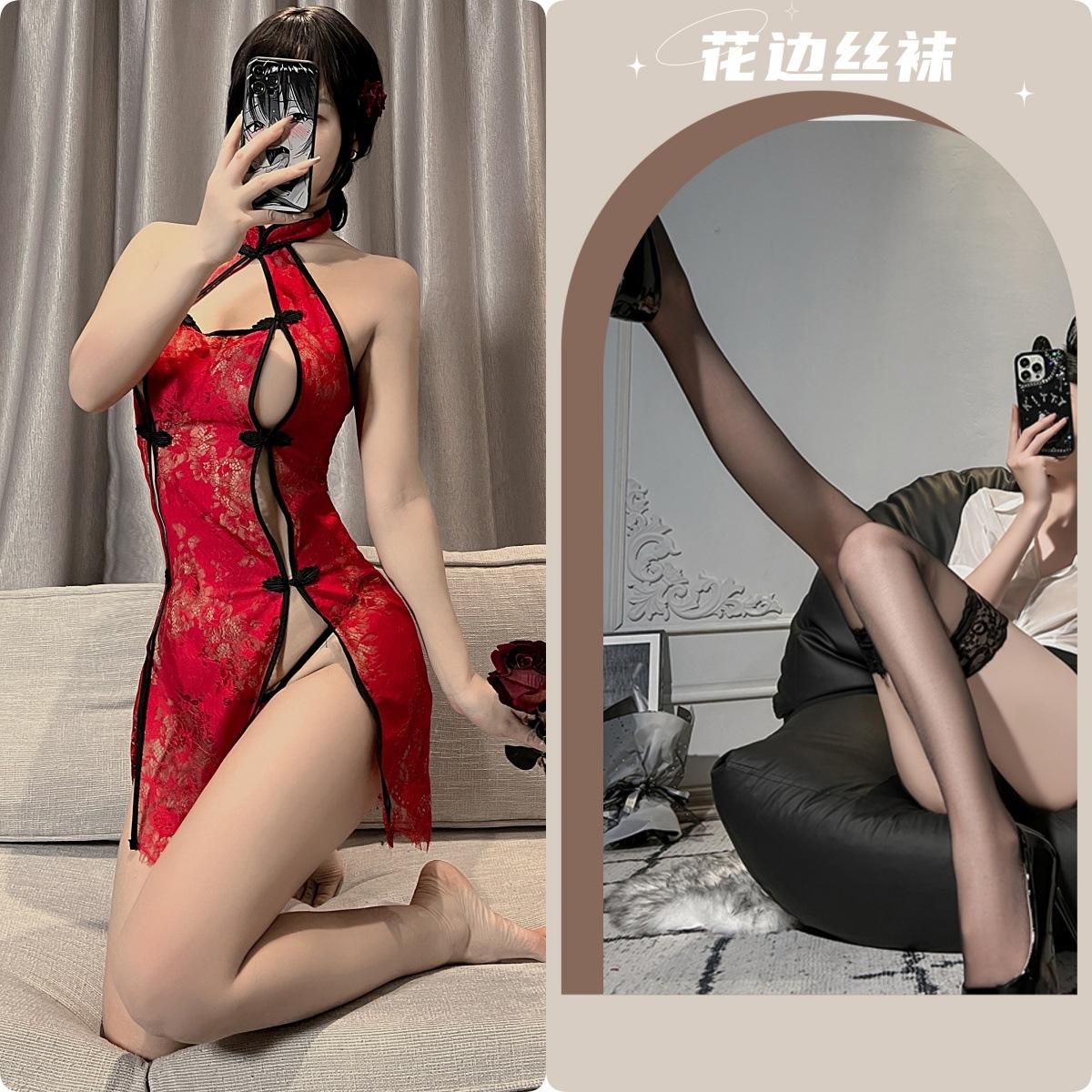 Red cheongsam + black stockings