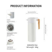 Carafe Thermique 1500ml 50oz en Acier Inoxydable 304 à Double Paroi, Bouteille Isotherme avec Poignée en Bois et Bec Verseur en V pour Hôtel et Bureau