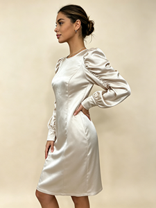 Robe courte en satin pour femmes, manches longues bouffantes, col rond, moulante, longueur genou, élégante, pour soirée, bureau, tenue formelle - Product Image 2