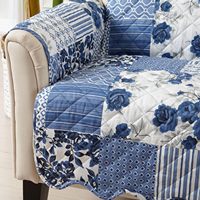 Housse de canapé réversible en polyester Great Bay Home, patchwork, lavable en machine, sangles élastiques, détails surpiqués pour enfants et animaux domestiques (Bleu marine)