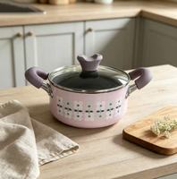 Casserole en aluminium moulé sous pression à imprimé floral rose clair, avec double poignée, revêtement antiadhésif et couvercle en verre, compatible induction