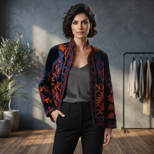 Veste élégante en velours brodé pour femme, motif floral, col montant, manches longues, style bohème automne, ouverte sur le devant, manteau en velours noir - Product Image 1