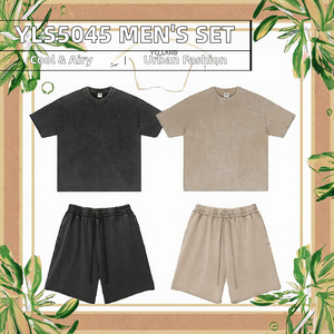 ชุดเสื้อยืดและกางเกงขาสั้นผ้าฝ้าย 100% น้ำหนัก 330GSM ระบายอากาศได้ดี สไตล์วินเทจสตรีทแวร์ ย้อมสีแบบ Snow Wash สำหรับทุกเพศ  ชุดลำลองถักนิตสำหรับฤดูร้อนสำหรับผู้ชาย - Product Image 2