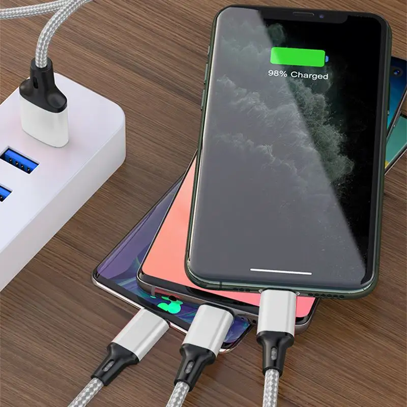 Многоцветный нейлоновый Плетеный Usb-кабель 3 в 1 для Iphone прочный универсальный Usb-кабель 3 в 1