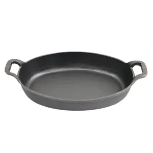 Wholesale pre-seasoned oval cast iron fish frying grill pan with two handle nonstick coating fish baking pan home outdoor cook