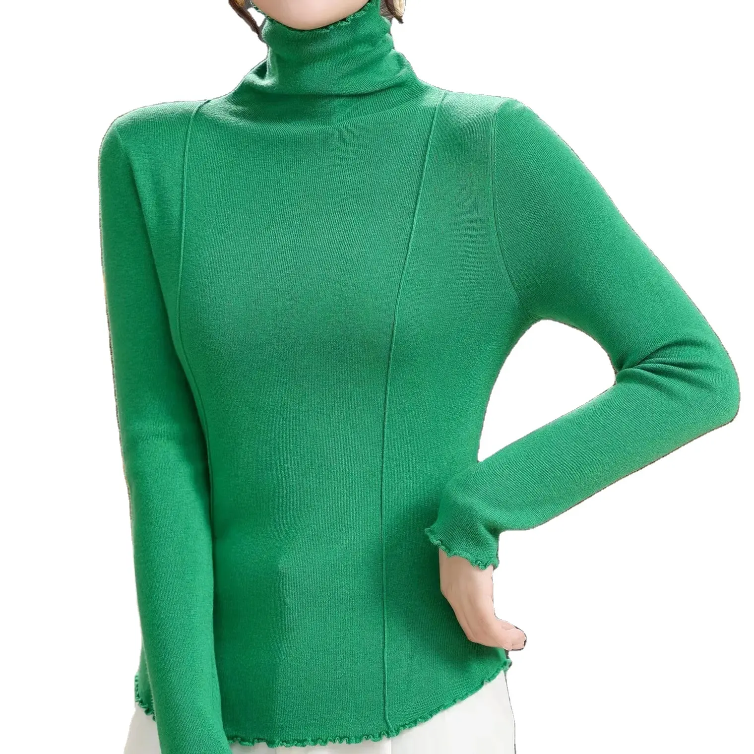 Winter collection designer fashion clothes high neck long sleeves frilly arc hem waist line 16G fine knitted sweater
