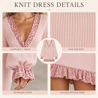 Robe pull moulante mini en maille côtelée pour femme, col en V, avec bordure contrastante léopard, manches longues bouffantes et ourlet à volants