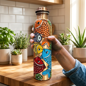<b>Copper</b> <b>Water</b> <b>Bottle</b> With Colorful Fish Design Portable Travel Drinkware With Lid - Product Image 1