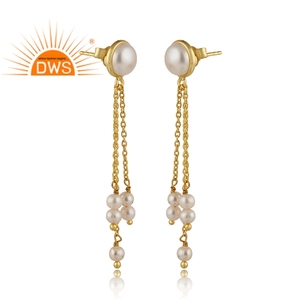 Boucles d'oreilles pendantes en perles blanches et pierres précieuses fabricant boucles d'oreilles en argent plaqué or jaune bijoux pour femmes cadeau pour elle - Product Image 2