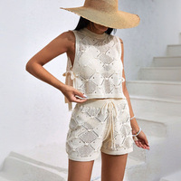 Ensemble deux pièces décontracté pour femmes grandes tailles, anti-rides, en nylon/coton, patchwork, tricot crochet, col mandarin, haut sans manches et short