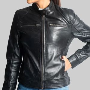 Veste de motard en cuir véritable noir pour femme, coupe ajustée, style café racer - Product Image 1