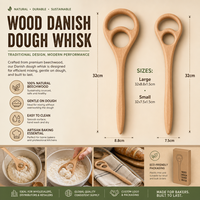 Fouet à pâte danoise de 13 pouces en bois de noyer, teck et hêtre, écologique et durable, pour pain au levain, pizza, pâtisserie et biscuits