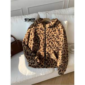 Sudadera con capucha de forro polar con cremallera y estampado de leopardo para mujer, estilo oversize, para otoño, antipilling, manga regular - Product Image 1