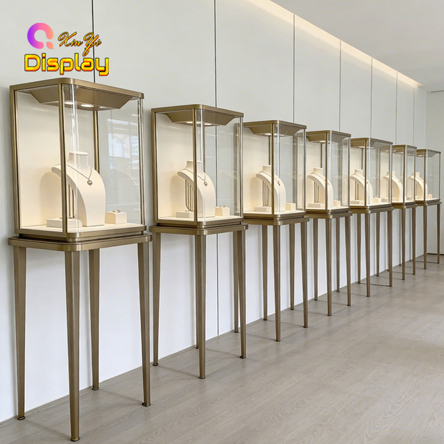 Luxury Gold Jewelry Display Case Stainless Steel Frame Tempered Glass Showcase LED Lighting Customizable for Retail Store Mall