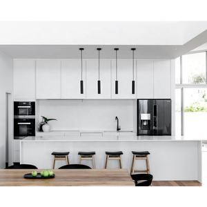 Ensemble de meubles de <span class=keywords><strong>cuisine</strong></span> avec four à micro-ondes encastré laqué blanc brillant avec comptoir de bar à petit-déjeuner - Product Image 3