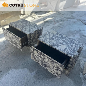 Natural Stone Nightstand Calacatta Viola <strong>Marble</strong> <strong>Bedside</strong> Storage <strong>Table</strong> with Oak Drawer for Bedroom Home Decorative Furniture - Product Image 3