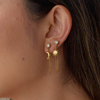 Boucles d'oreilles pendantes N&S plaquées or soleil et lune avec zircon et pompon pour femme, bijoux de mode vintage en acier inoxydable, vente en gros