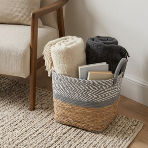 Natural Water Hyacinth Storage Basket Handcrafted Woven Towel Holder Bathroom Organizer <b>Bin</b> With Contrast Gray Handles - Product Image 4