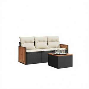 Ensemble de canapés de jardin en rotin noir avec structure en acier et meubles d'extérieur en bois d'acacia, 3 places, design contemporain - Product Image 1