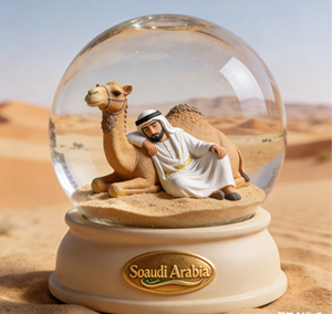 Souvenir Turistici dell'Arabia Saudita in Resina Personalizzata, Globo di Neve con Figure di Cammello Dromedario, Orso Arabo, Falco e Palma da Dattero - Product Image 5