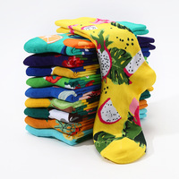 Chaussettes en coton peigné jacquard à motifs de fruits tropicaux (Dragon Fruit, Citron, Kiwi, Fraise, Cerise, Orange) et floraux, unisexe