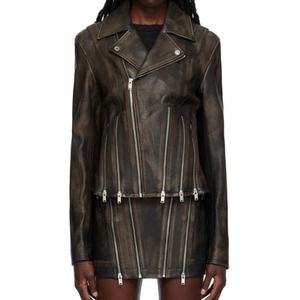 Nouvelle Collection : Ensemble en Cuir Femme Style Moto de Haute Qualité – Veste Multi-Zippée et Jupe Trapèze en Cuir Délavé Effet Acide - Product Image 1
