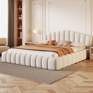 Bedroom Guestroom Shell-Shaped Headboard Beige Velvet Upholstered <strong>Floor</strong> <strong>Bed</strong> Queen Platform <strong>Bed</strong> <strong>Frame</strong> with Wooden Slat Support - Product Image 6