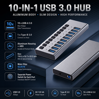 Hub USB 3.0 de 10 Puertos con Alimentación, Divisor Múltiple de Aluminio con 10 Interruptores Individuales, Adaptador de Corriente de 12V 4A para PC