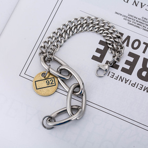 yunnique Hip Hop Metallic Style <b>Titanium</b> Steel Unisex Cuban <b>Chain</b> Bracelet With Number 92 Charm Geometric Design - Product Image 2