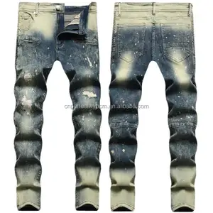 2022 הגעה חדשה Mens באיכות גבוהה בציר ציור עיצוב גברים ג 'ינס נוסטלגי צבע אלסטי קטן ישר למתוח ג' ינס