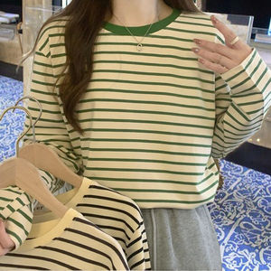 Early Spring New <b>Women's</b> Casual Loose Slimming Versatile <b>Black</b> White Striped Knitted Anti-pilling Base <b>Shirt</b> Thin Neck Long - Product Image 3