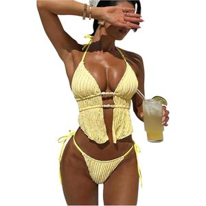 FOXA Ensemble bikini 2 pièces texturé pour femme avec détails perlés et design à nouer sur les côtés pour la plage - Product Image 1