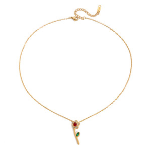 Collier pendentif fleur plaqué or 18 carats avec strass, centre rouge, feuille verte, bijou de tous les jours, cadeau pour femme - Product Image 5