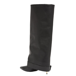 Thin High Heel Pointed Toe Overlay Denim Shoes Dress Metal Buckle Pants <b>Boots</b> Women's Folded Over Knee High Leopard Booties - Product Image 6