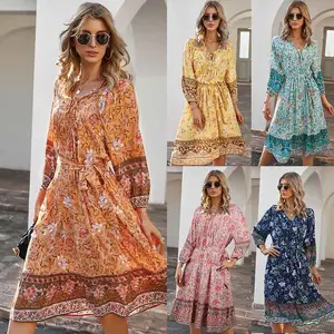 2023 Mode Bohemian V-Ausschnitt Druck Rüschen Blumen Elegante Frauen Kleid Mit Gürtel