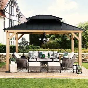 11x 13ft outdoor terrace cedar-framed wooden pavilion with black dual steel roof for garden and backyard shading