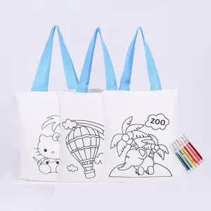 Cute Kids Diy Painting Coloring Tote Bag Eco Friendly Custom White Cotton Canvas Diy Tote Bag Kit