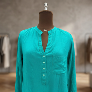 Camisa Casual de Algodón 100% Ecológica Vintage para Mujer |   Camisa con Cuello Mao, Manga Larga, Color Verde Everglade, Calidad Premium - Product Image 2