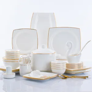 Luxury Hotel Gold Rim Bone China Dinnerware Full Sets White Dinner Set Square Plate Tableware