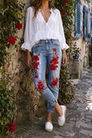 Jeans pour femmes, broderie florale 3D colorée, extensible, coupe-vent, respirant, déchiré avec feuilles dorées, coupe courte, ourlet retroussé