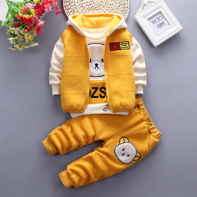 Ms-424 Factory Price Baby Clothes 1-3 Years Boys 3 Pcs Bear Tracksuit Set+ Vest Hoodie Autumn Winter Children Clothes Boys 2024
