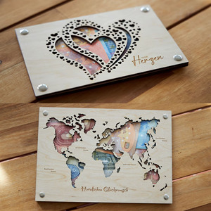 Regalo di compleanno in legno fermasoldi involucro in contanti con carta di auguri mappa del mondo decorata con fermasoldi in legno - Product Image 4