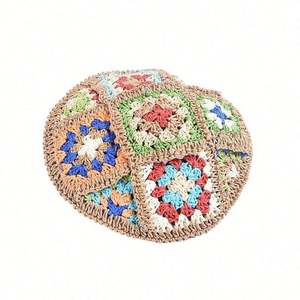 Sombrero de Paja de Verano Colorido Retro para Mujer, Estilo Étnico, con Flores Tejidas a Mano, Sombrero de Paja de Papel, Moda para Exteriores - Product Image 4