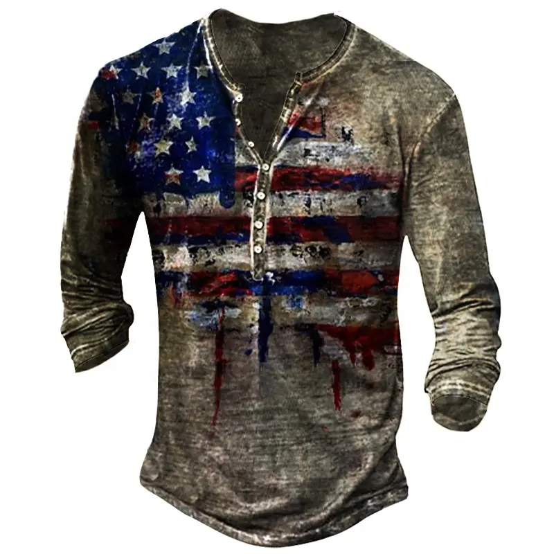Men's Henley Shirt Tshirt Tee Graphic American Flag Henley Style Casual Long Sleeve Button-Down Print T Shirt For Men
