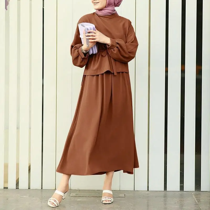 Wholesales 2 Piece Sets Islamic Clothing Muslim Abaya Turkey Kaftan Women Solid Color Modest Long Sleeve Belt Dress Top Suit