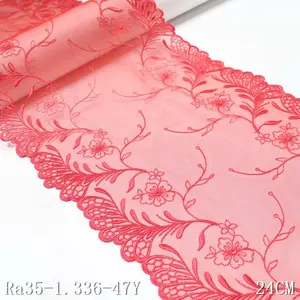 3D yaprak tasarım kırmızı nakış dantel fantezi çiçek tül örgü dantel 24cm Polyester malzeme için giyim