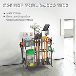 <b>Garden</b> Tool Rack Double Tier Utility Yard Organizer Standing Type Metal for Behind Doors/Walls Wheels Adjustable Storage 6 <b>Hooks</b> - Product Image 2